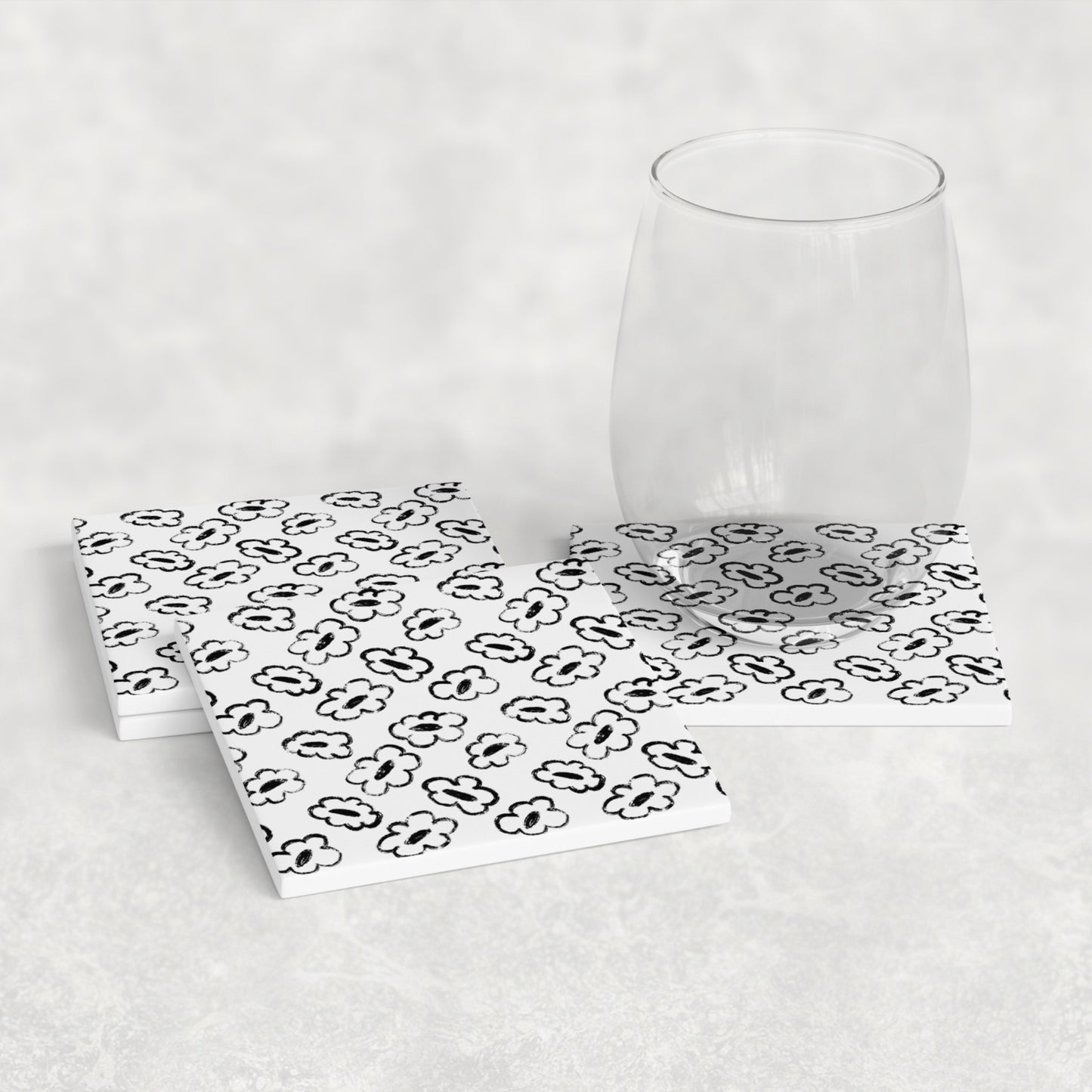 Grunge Bloom White & Black Floral Outline Coasters