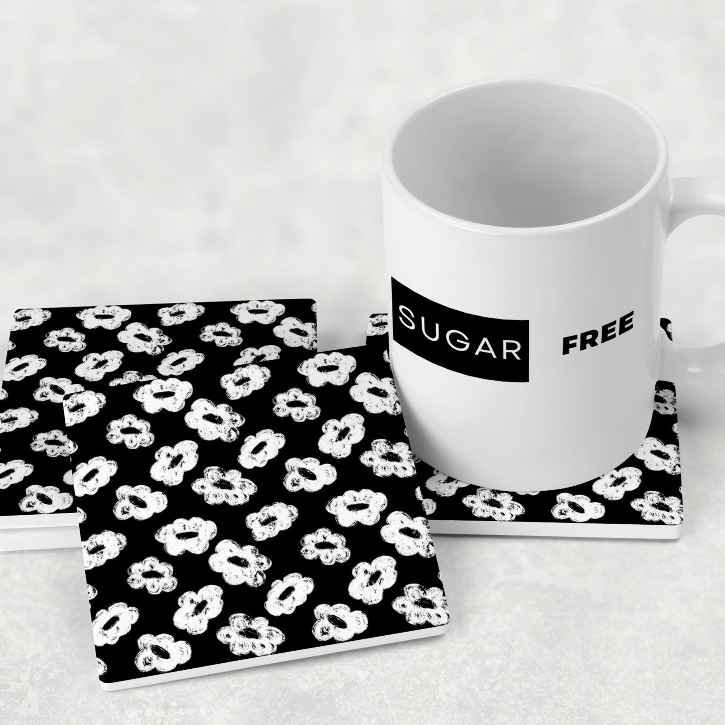 Grunge Bloom Black & White Distressed Floral Coasters