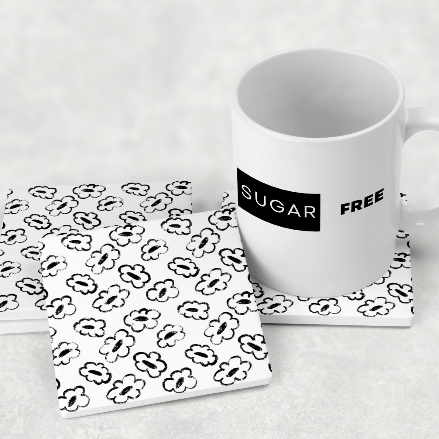 Grunge Bloom White & Black Floral Outline Coasters